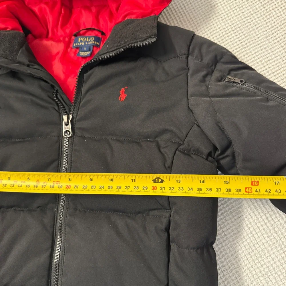 Polo Ralph Lauren Boys Black Down Puffer Jacket Red Lining Hooded Coat Size 5